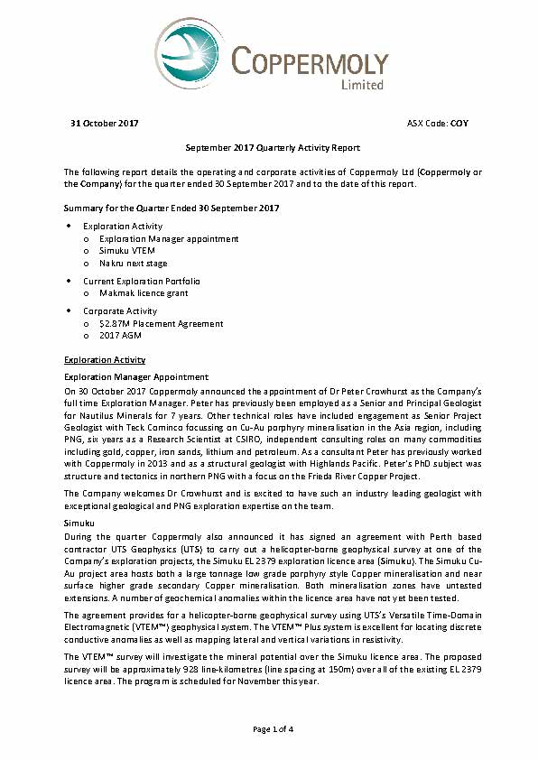 Sept 2017 ASX Quarterly